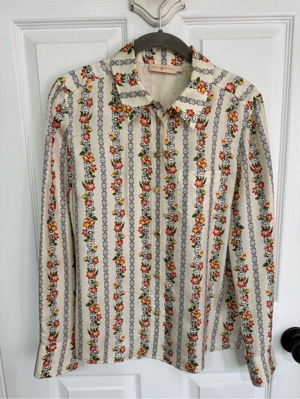 Vintage Tory Burch Cream Floral-Chain Vertical Stripe Button-Down Shirt Blouse